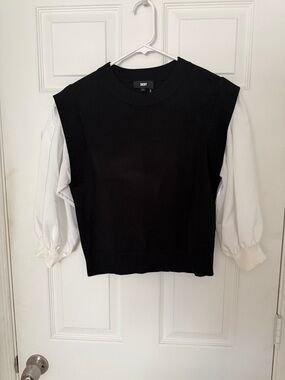 DKNY Black Knit Sleeveless Sweater with White Blouse Sleeves